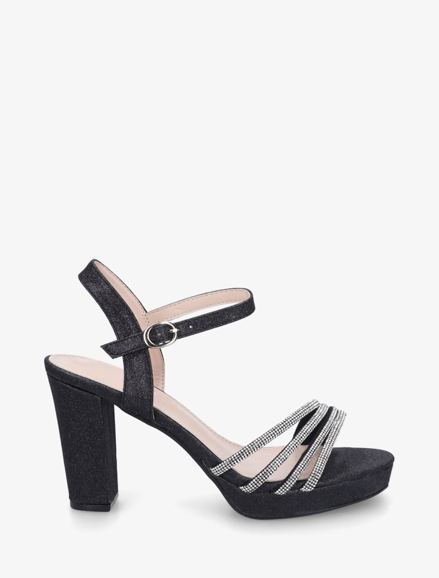 Sandales à talon et brides à strass - Noir - 1