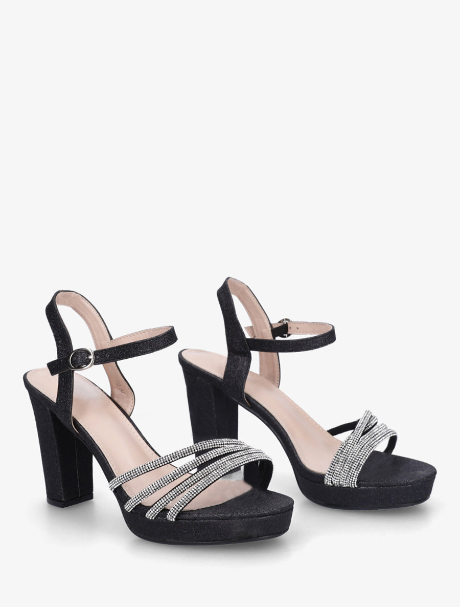 Sandales à talon et brides à strass - Noir - 4