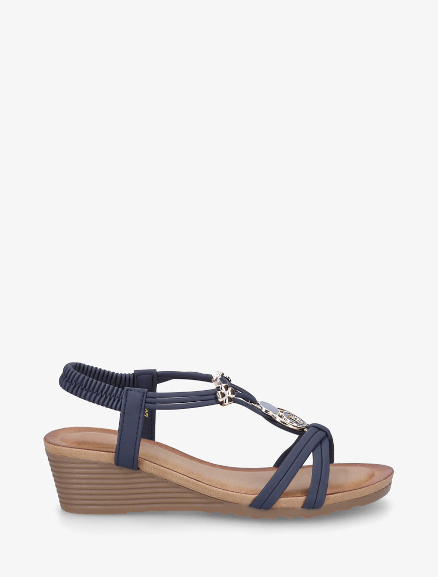 Sandales compensées à bijoux métalliques - Marine - 1