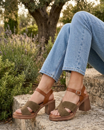 Sandales en suédine à talon carré - Kaki