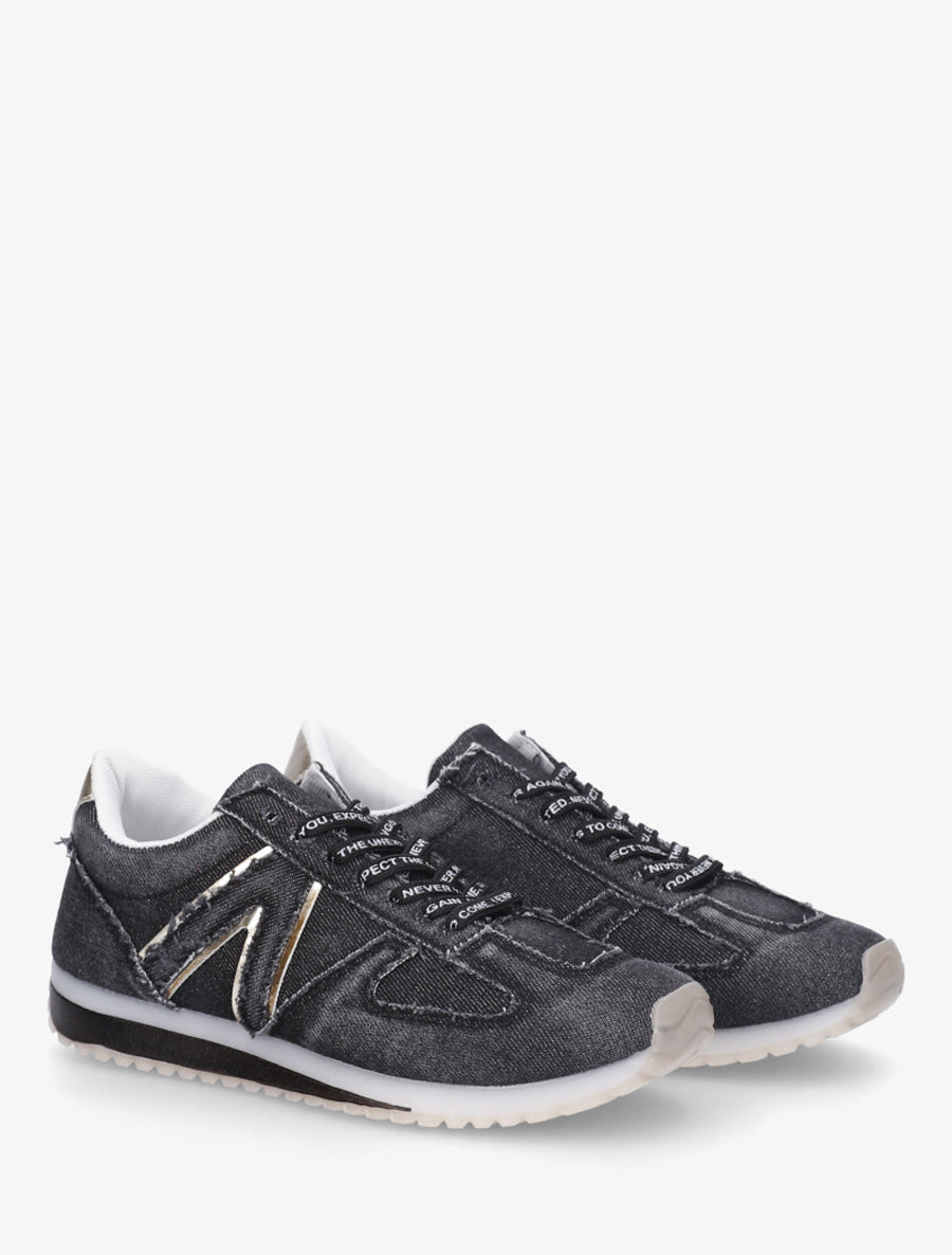 Sneakers en tissu à lacets floqués - Noir - 4