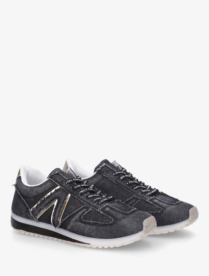 Sneakers en tissu à lacets floqués - Noir - 4