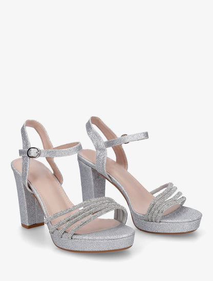 Sandales à talon et brides à strass - Argent - 4