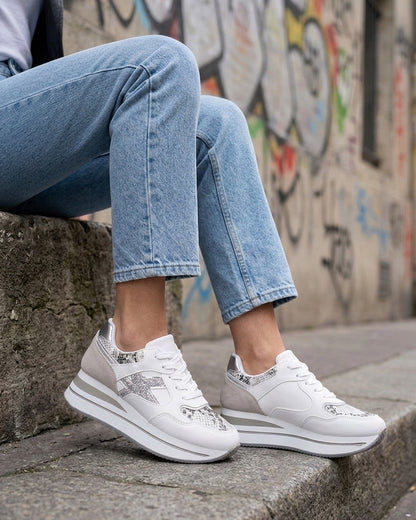 Baskets à paillettes et effet python - Blanc