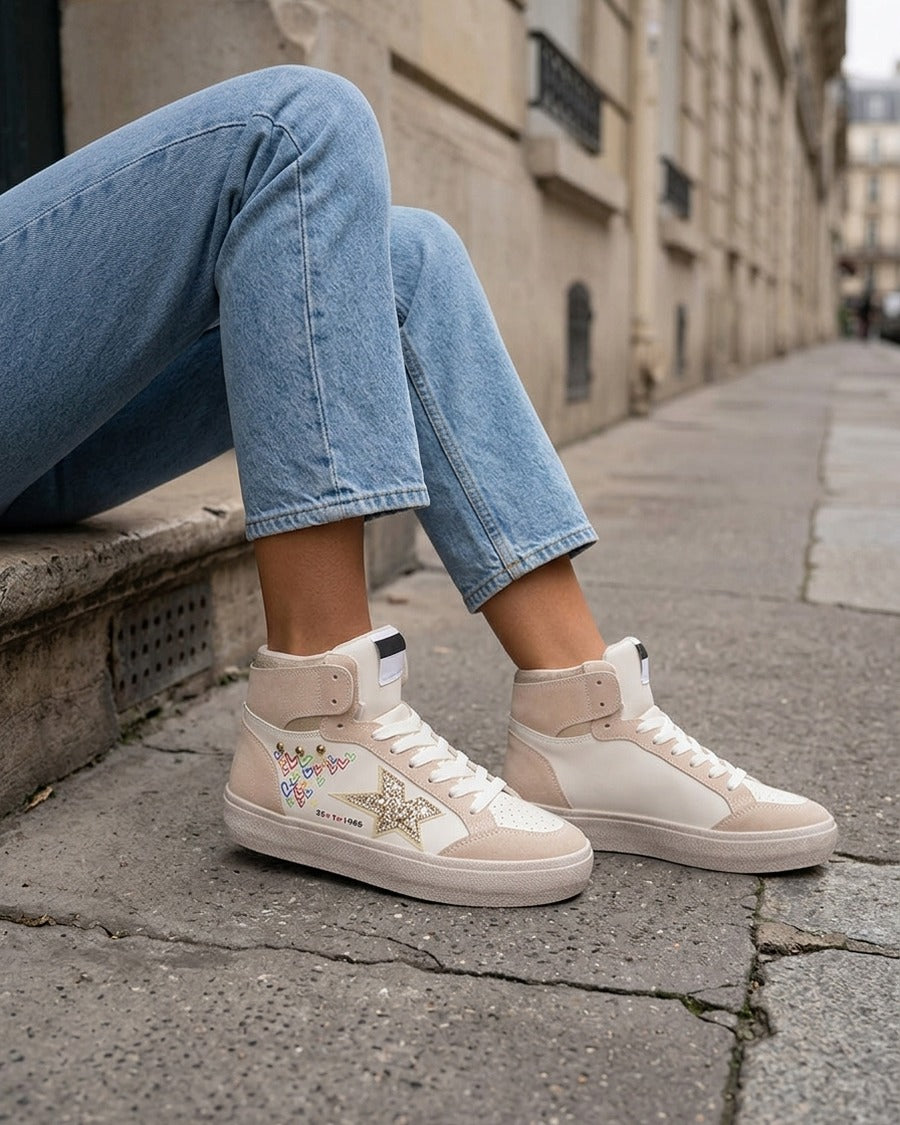 Baskets montantes floquées et imprimé coeurs - Beige