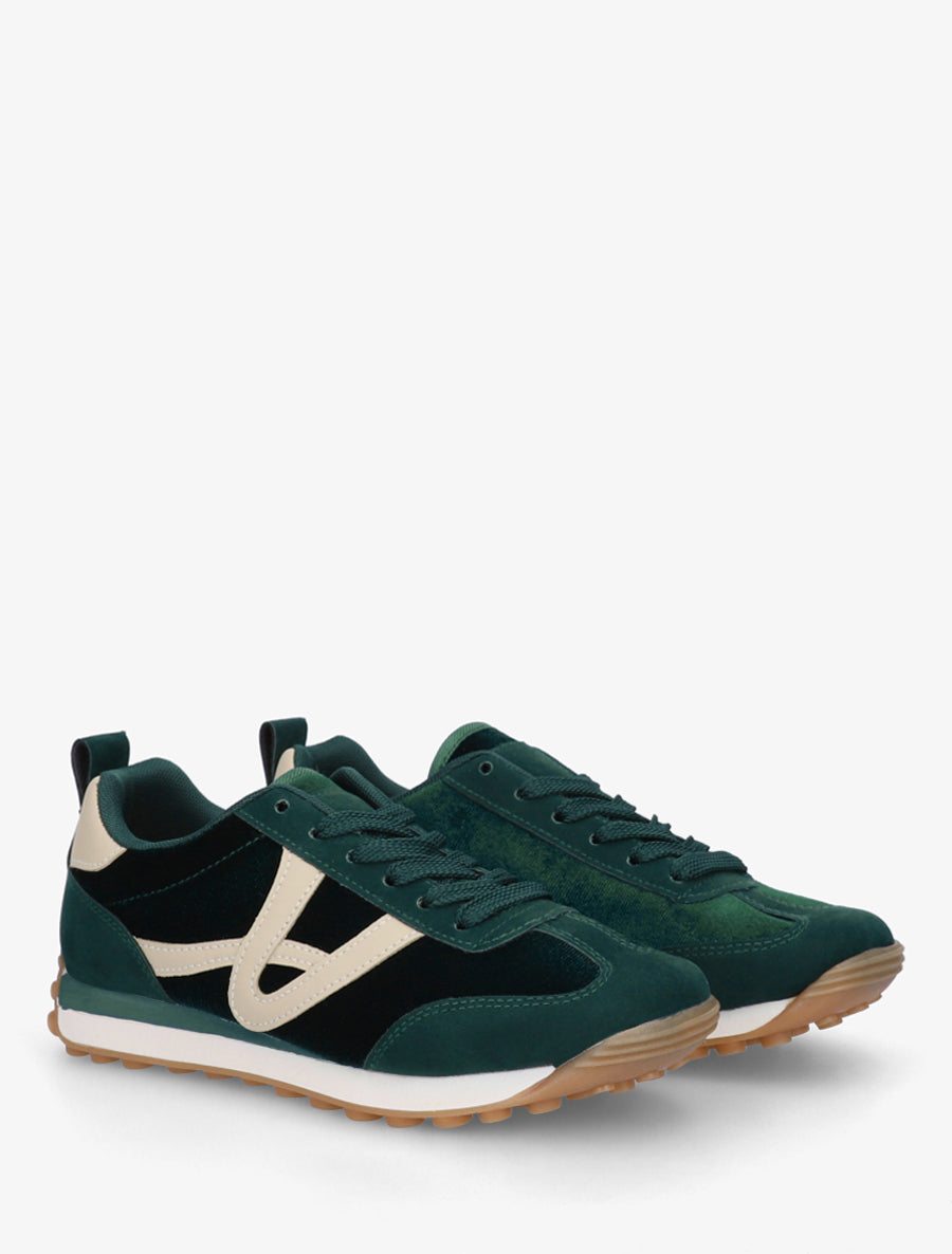 Sneakers en velours à détails contrastants - Vert sapin - 4