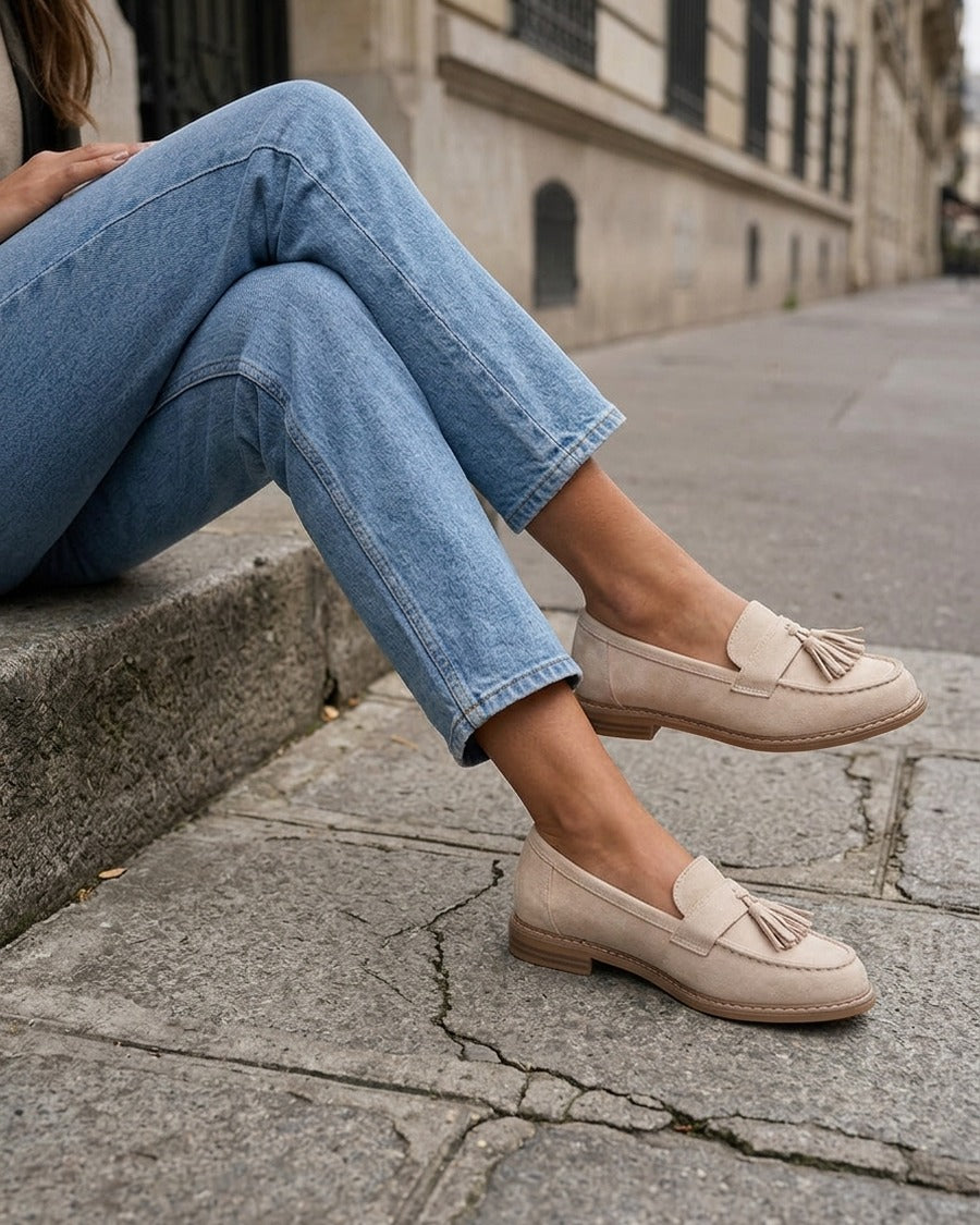 Mocassins en suédine à pampilles - Beige