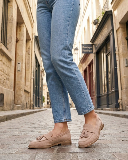 Mocassins en suédine à pampilles - Taupe
