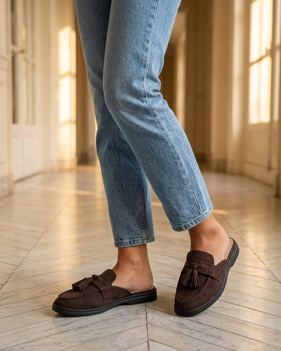Mules style mocassin à pampilles - Marron