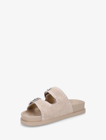 Claquettes à double boucles en suédine et broderies - Taupe - 3