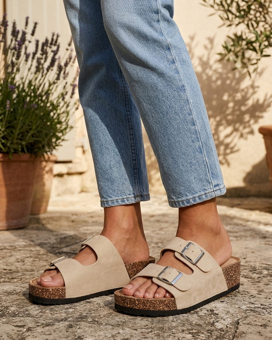 Claquettes en suédine à semelle effet liège - Beige