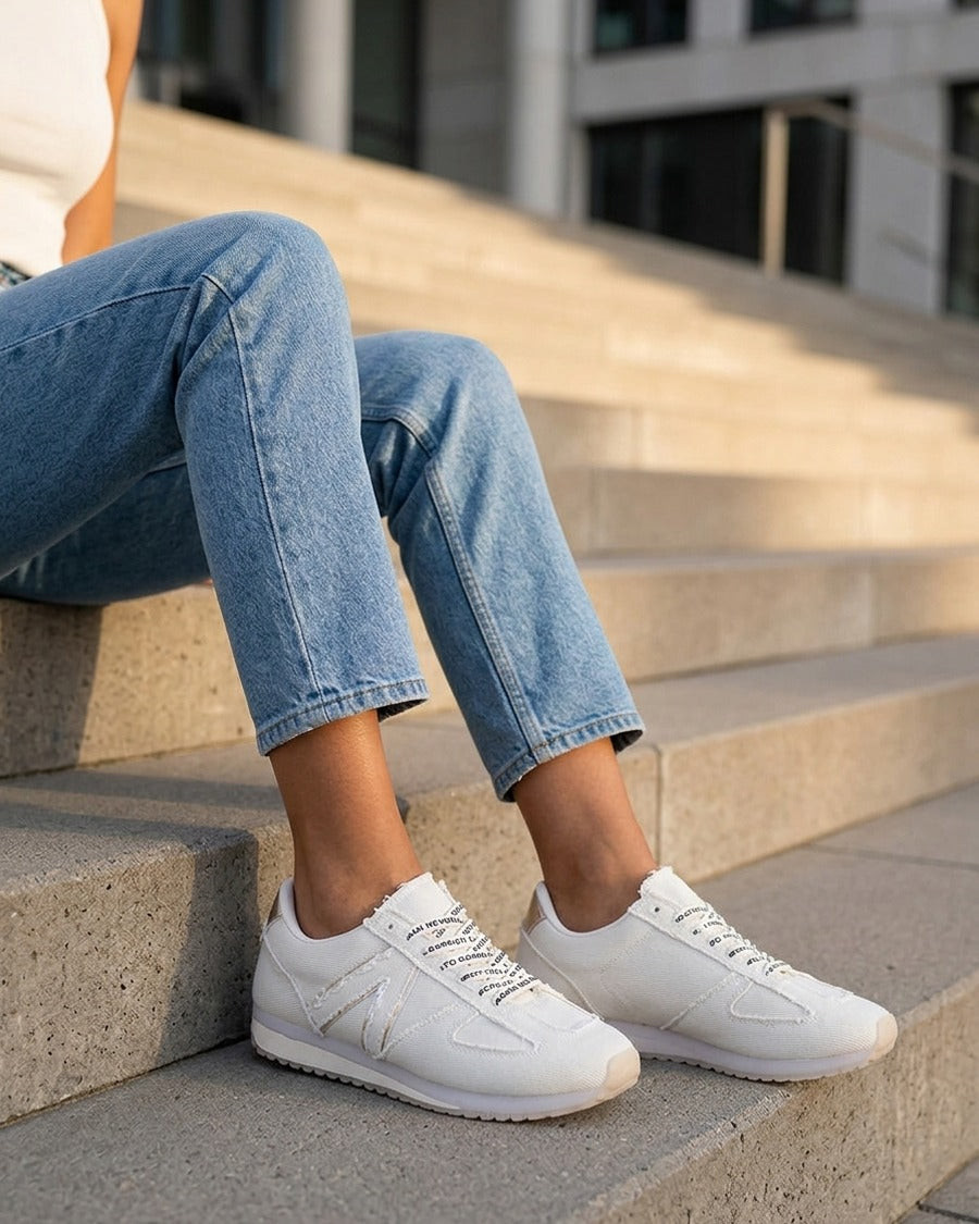 Sneakers en tissu à lacets floqués - Beige