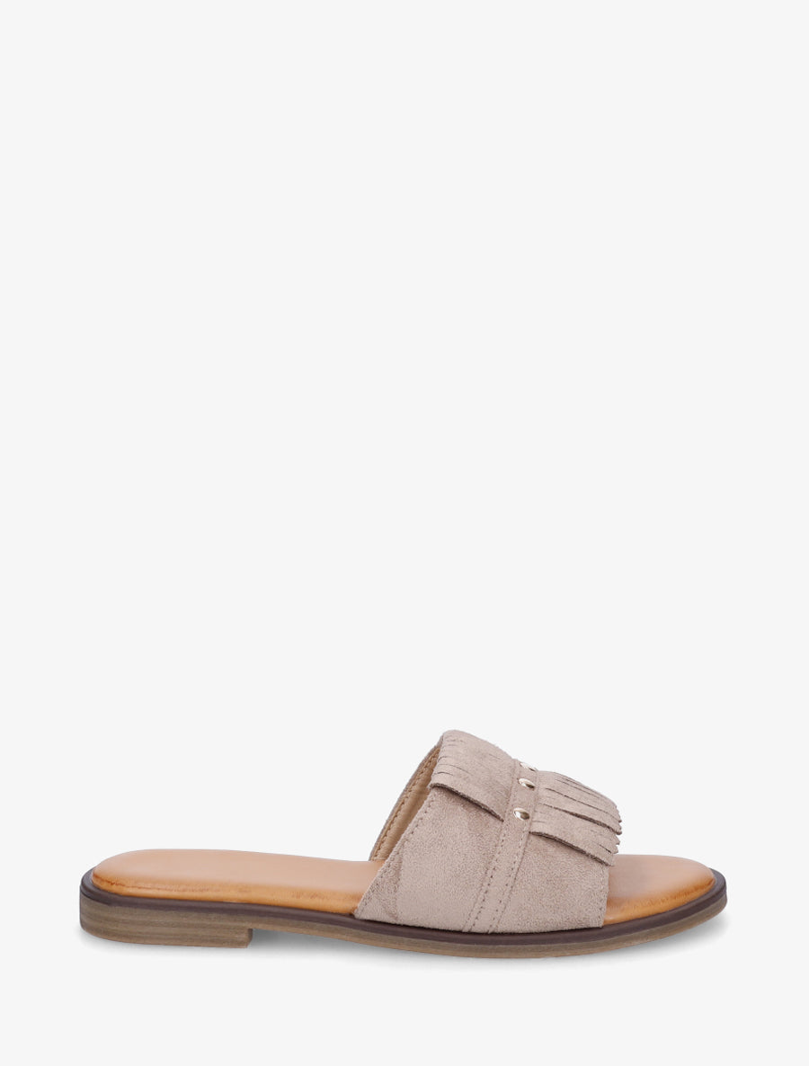 Claquettes en suédine à franges - Taupe - 1