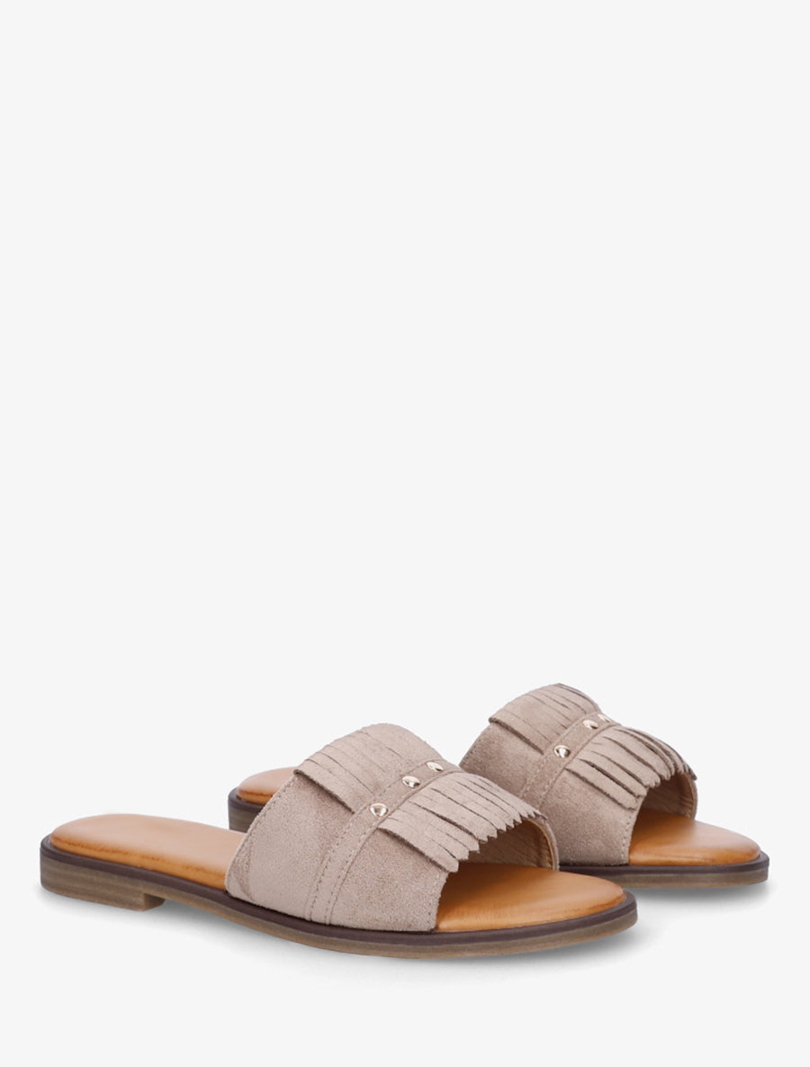 Claquettes en suédine à franges - Taupe - 4