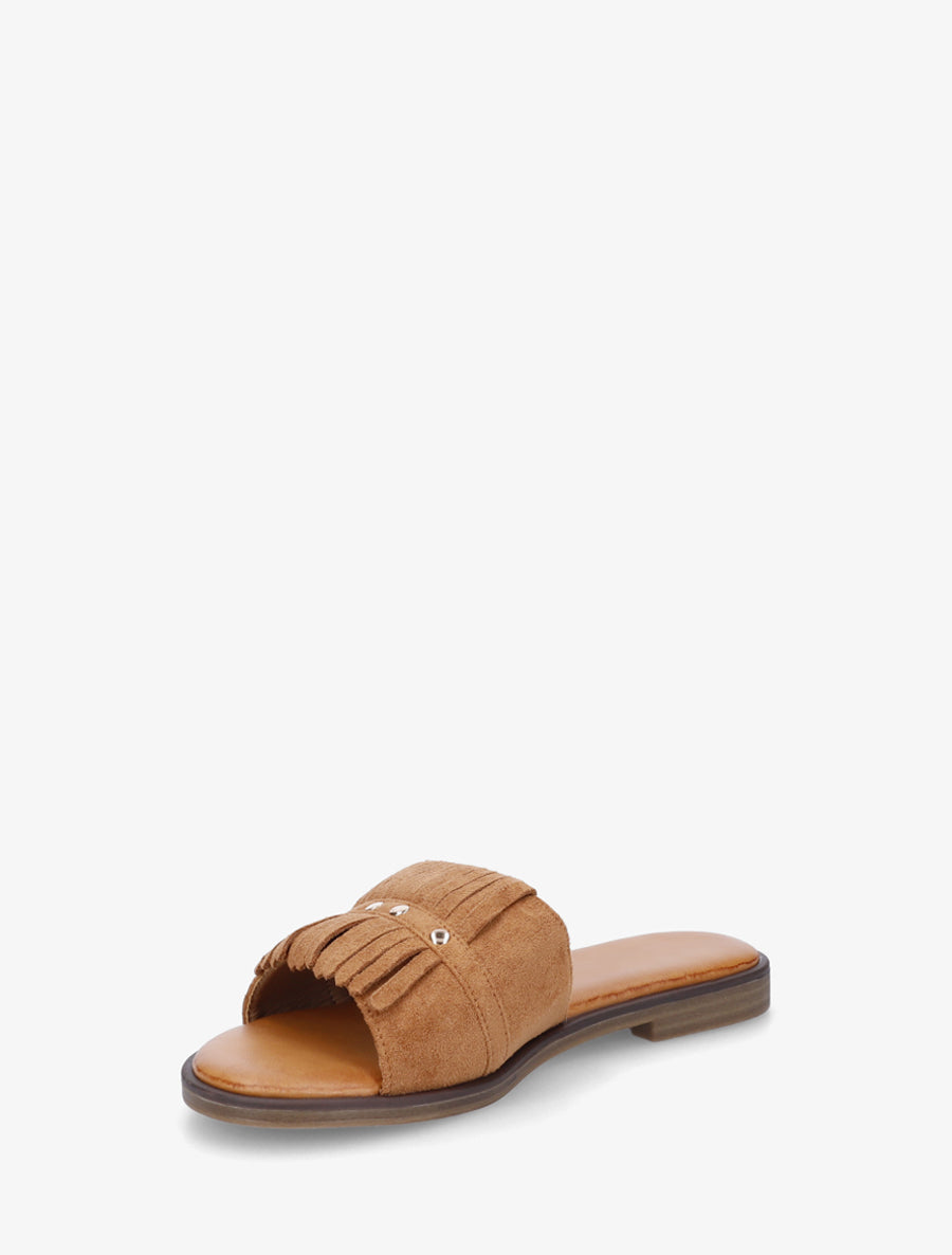 Claquettes en suédine à franges - Camel - 3