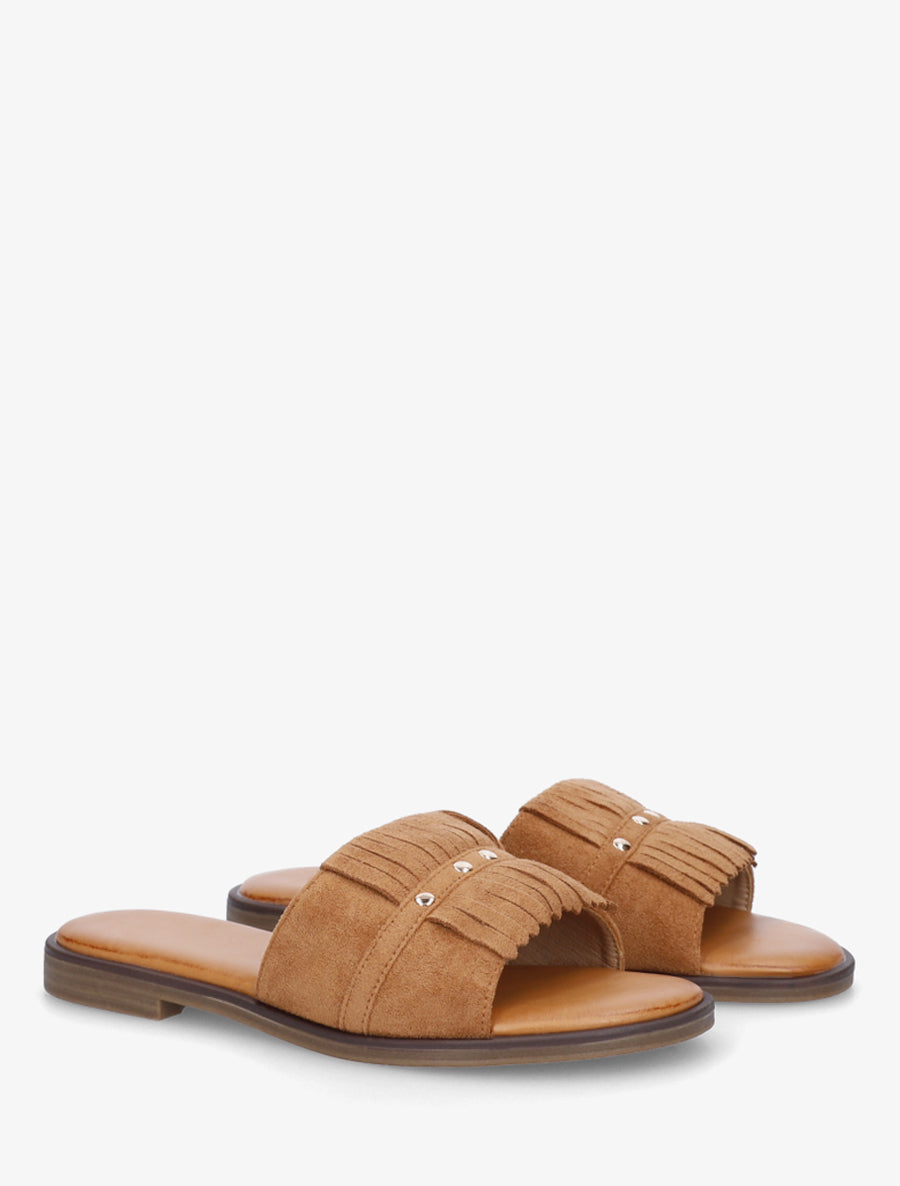 Claquettes en suédine à franges - Camel - 4