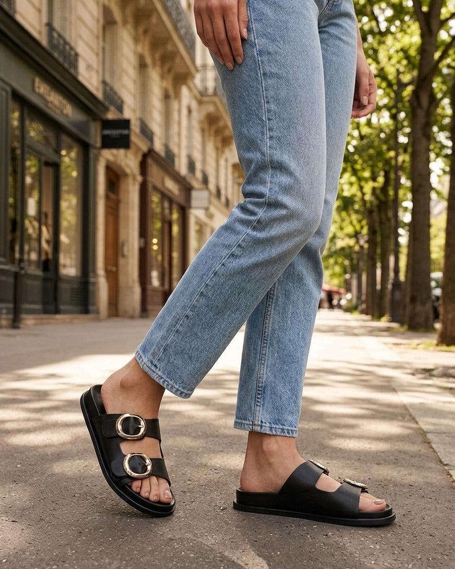 Mules plates en simili à double boucles - Noir