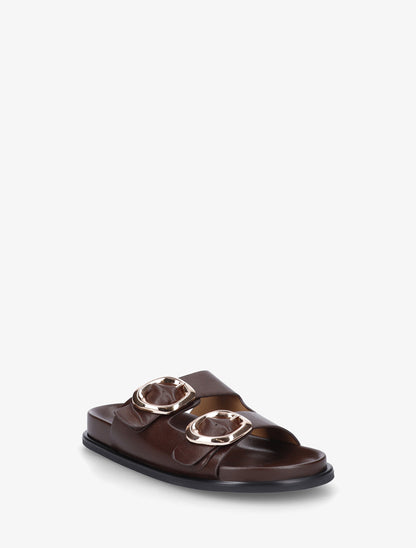 Mules plates en simili à double boucles - Marron - 2