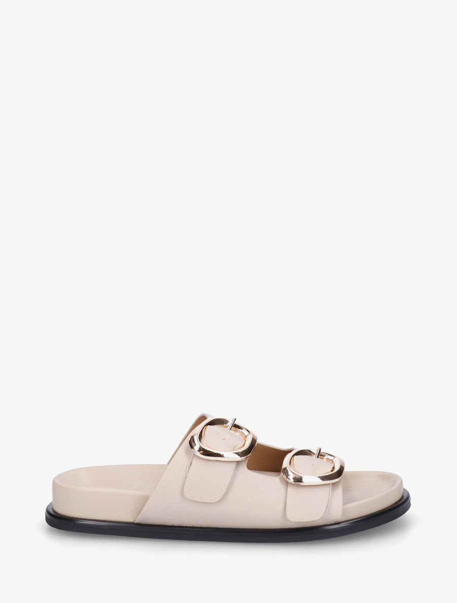 Mules plates en simili à double boucles - Beige - 1