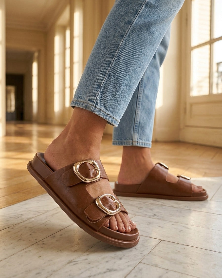 Mules plates en simili à double boucles - Camel