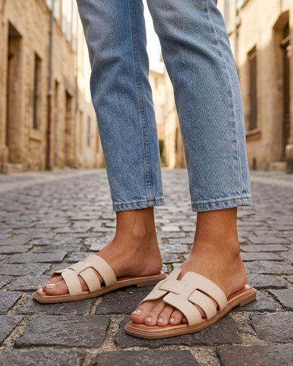 Mules plates à bride effet tressé - Beige