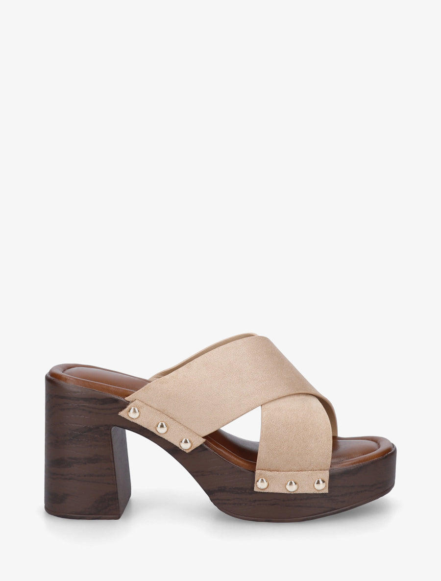 Mules à talon effet bois et ganse en suédine - Taupe - 1