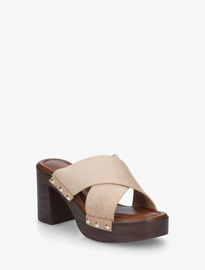 Mules à talon effet bois et ganse en suédine - Taupe - 2