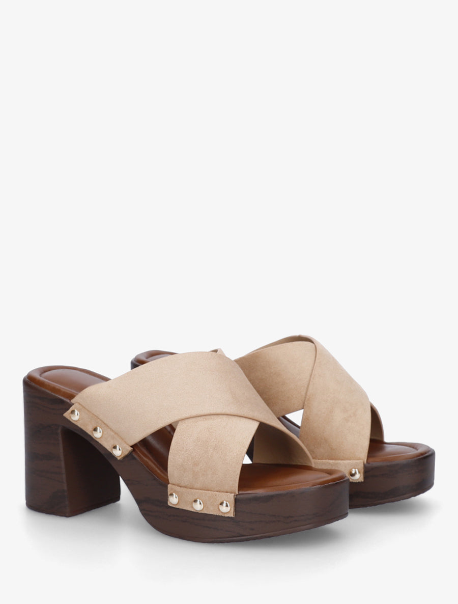 Mules à talon effet bois et ganse en suédine - Taupe - 4