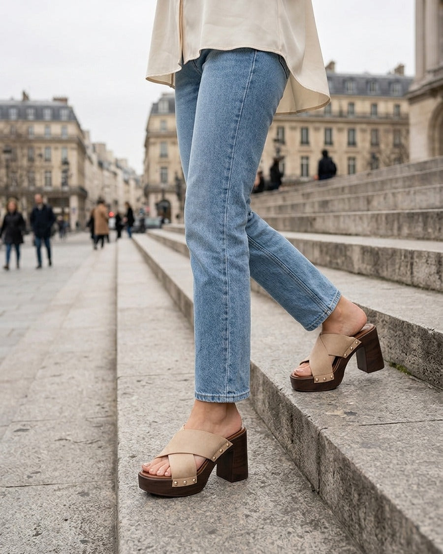 Mules à talon effet bois et ganse en suédine - Taupe