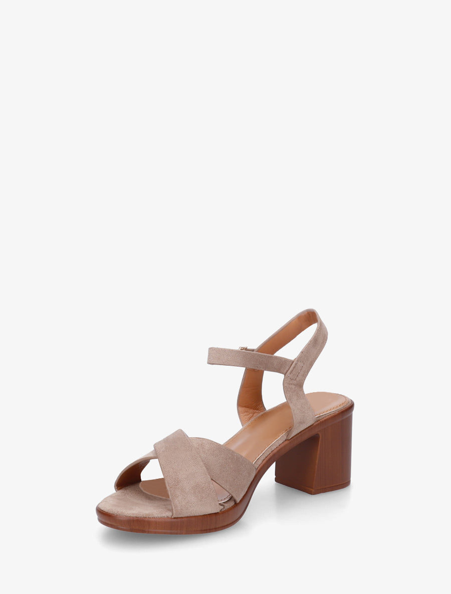 Sandales croisées en suédine à talon carré - Taupe - 3
