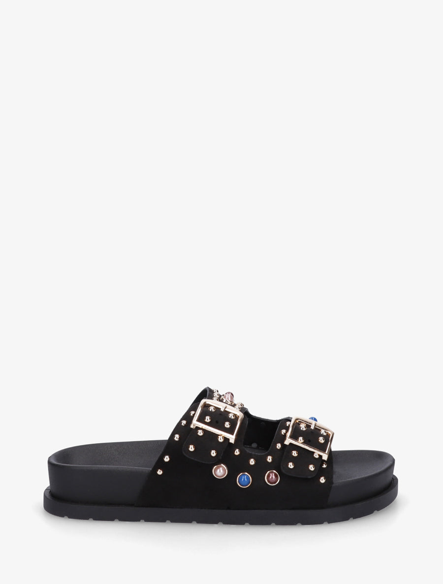 Claquettes en suédine à perles et clous - Noir - 1