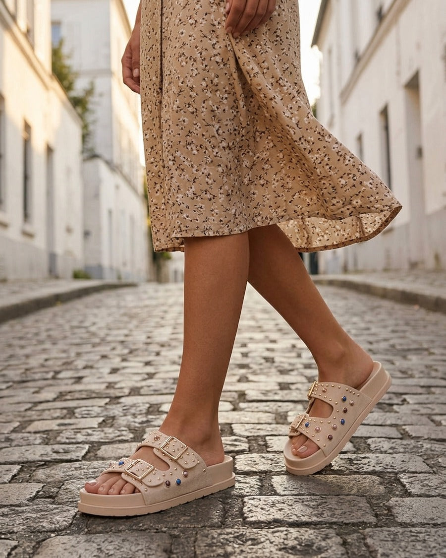 Claquettes en suédine à perles et clous - Beige