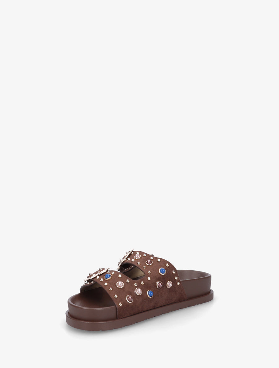 Claquettes en suédine à perles et clous - Marron - 3