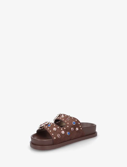 Claquettes en suédine à perles et clous - Marron - 3