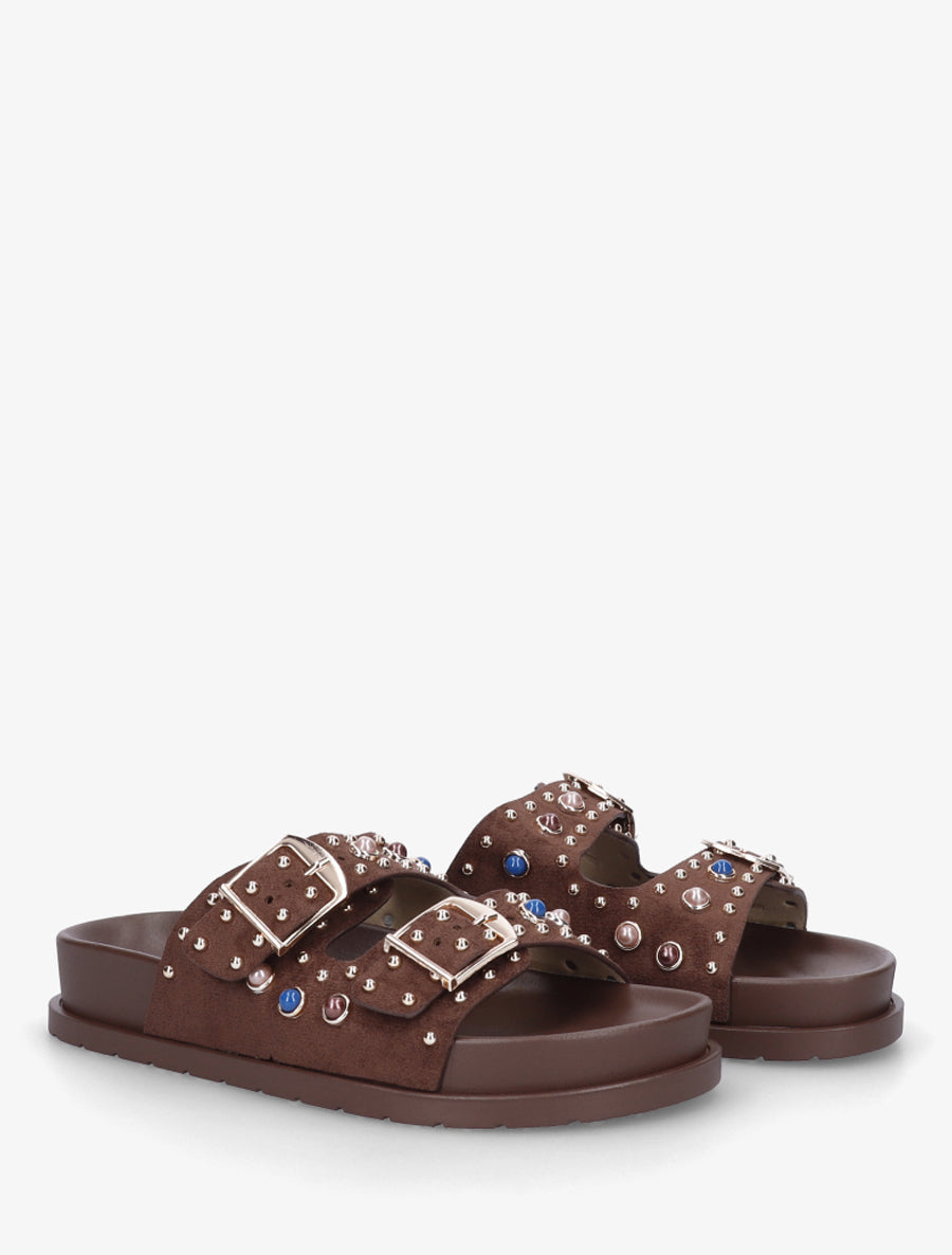 Claquettes en suédine à perles et clous - Marron - 4