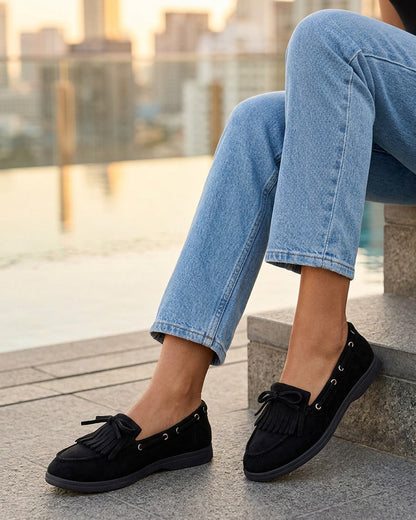 Mocassins en suédine à franges et noeud - Noir
