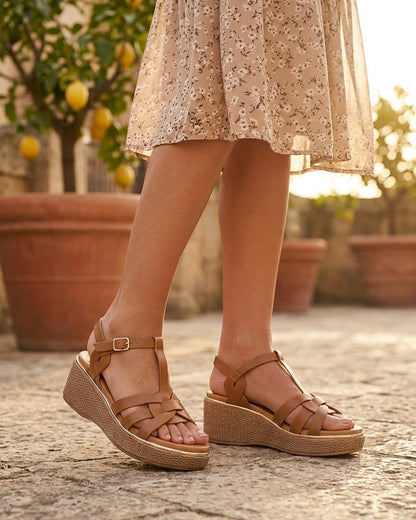 Sandales compensées style salomé - Camel