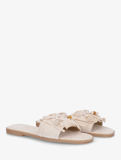 Mules en suédine à frange et noeud - Beige - 4