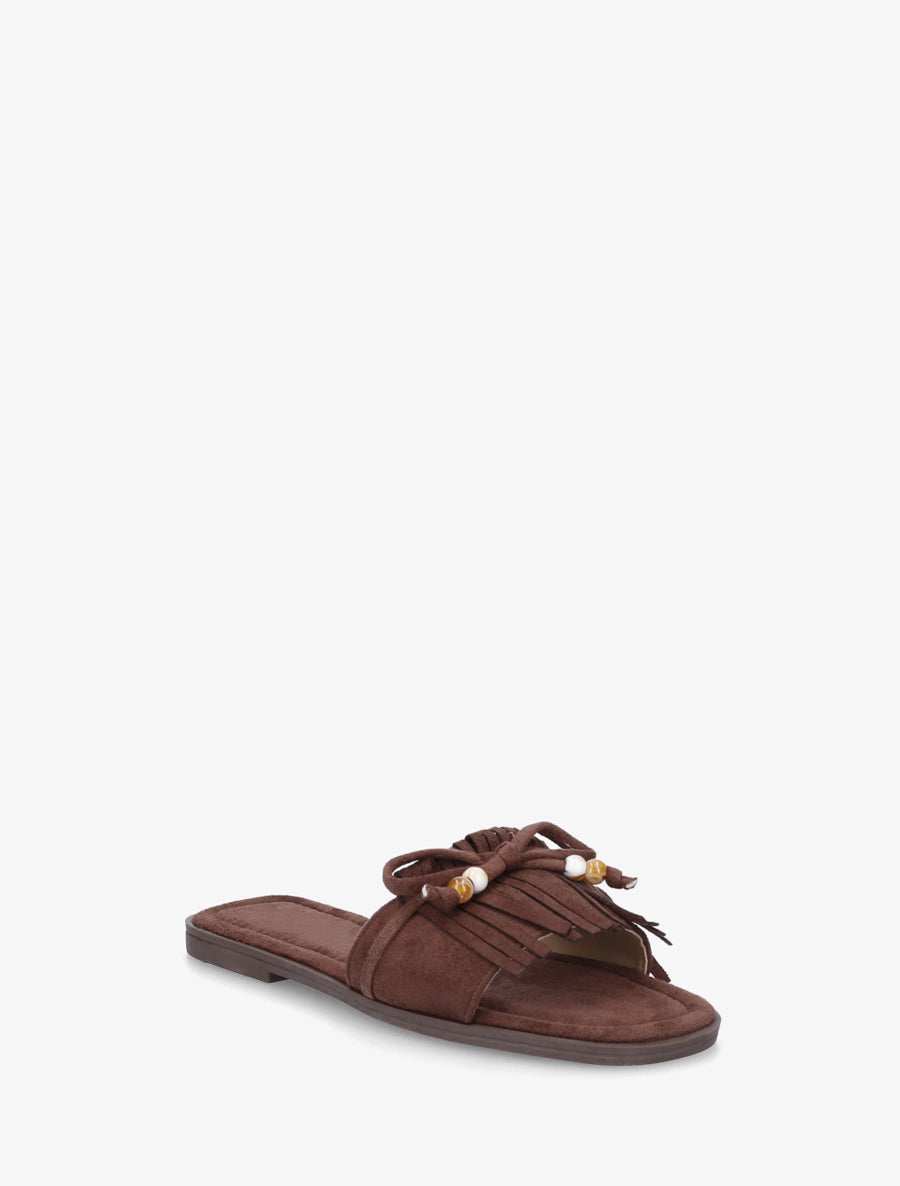 Mules en suédine à frange et noeud - Marron - 2