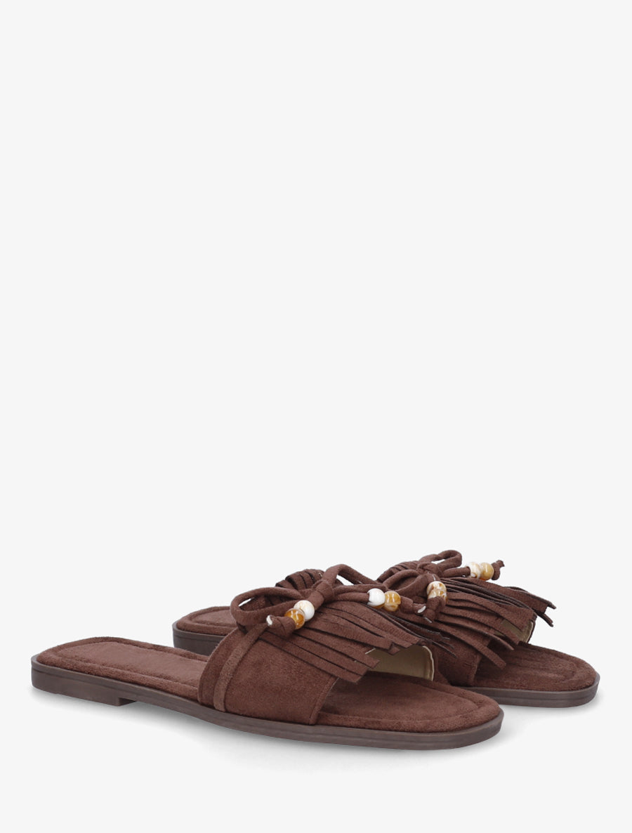 Mules en suédine à frange et noeud - Marron - 4