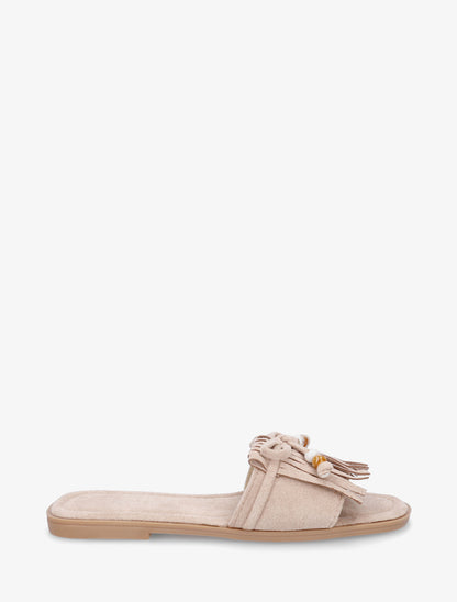 Mules en suédine à frange et noeud - Taupe - 1