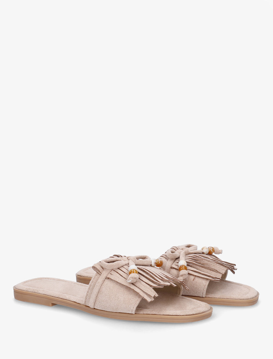 Mules en suédine à frange et noeud - Taupe - 4