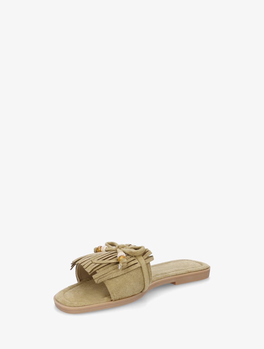 Mules en suédine à frange et noeud - Kaki clair - 3