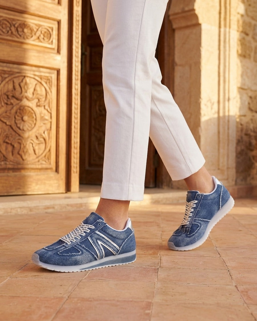 Sneakers en tissu à lacets floqués - Bleu