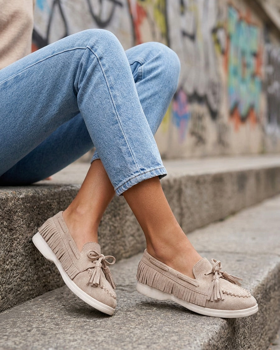 Mocassins en suédine à franges - Taupe