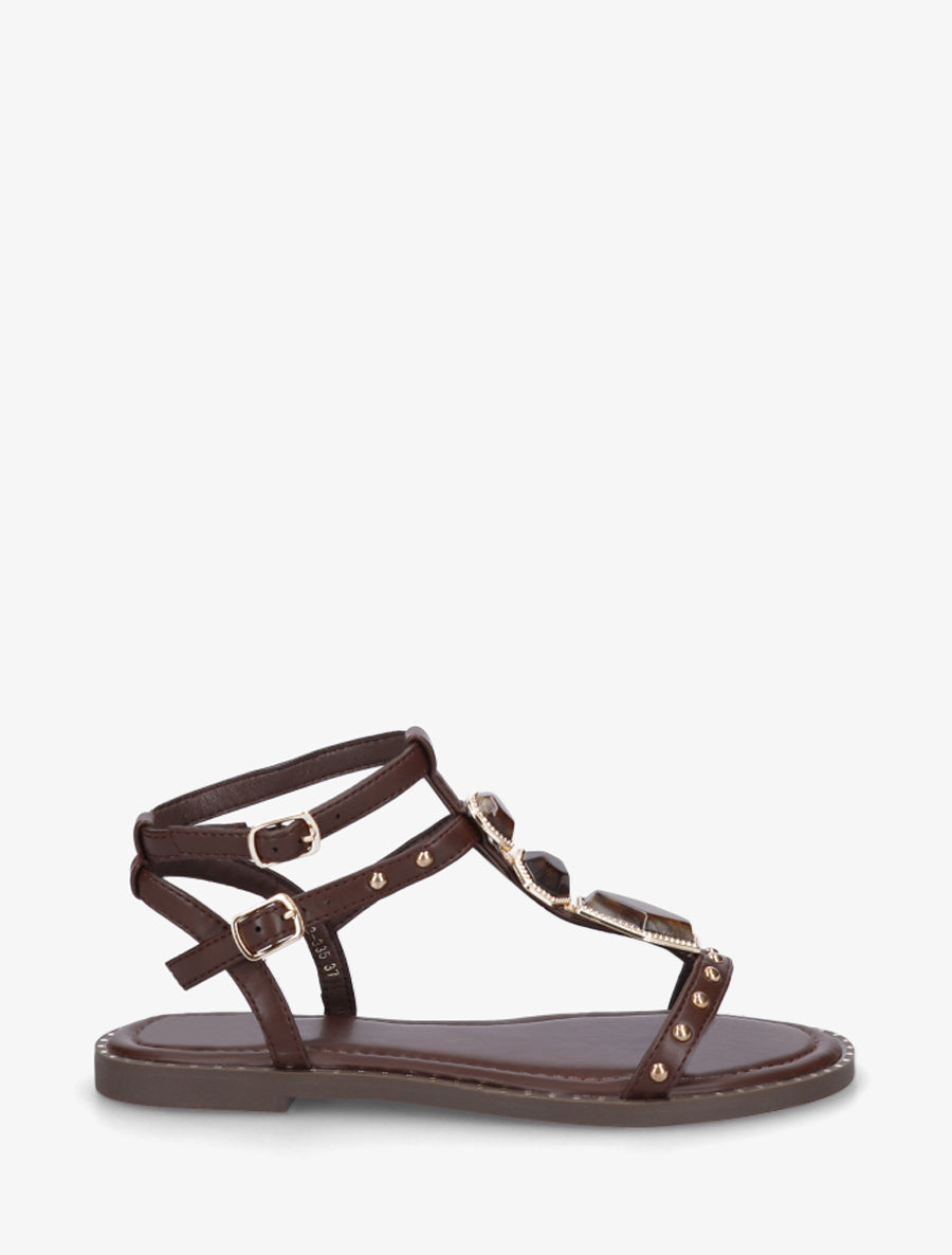 Nu-pieds en simili à empiècement pierres - Marron - 1