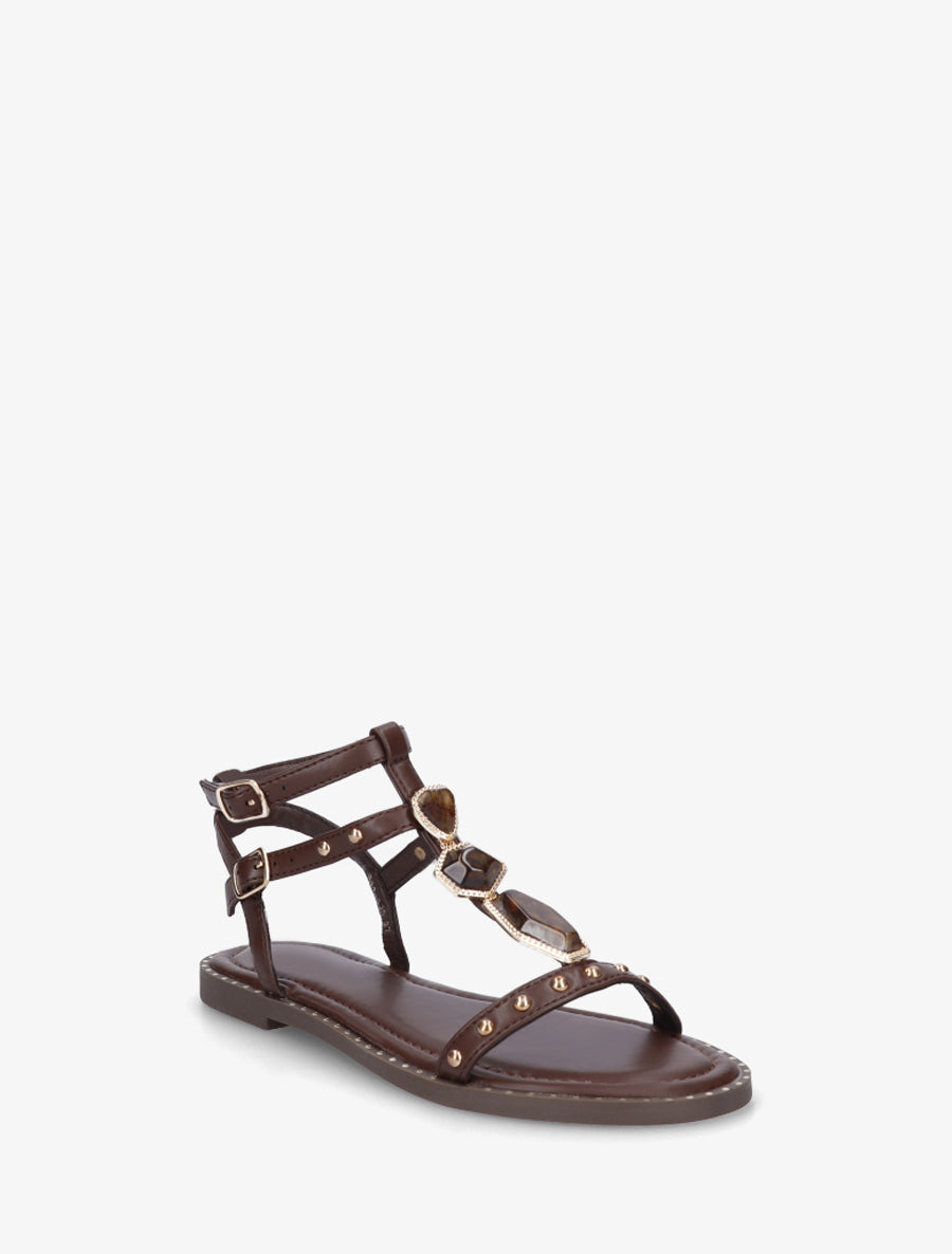 Nu-pieds en simili à empiècement pierres - Marron - 2