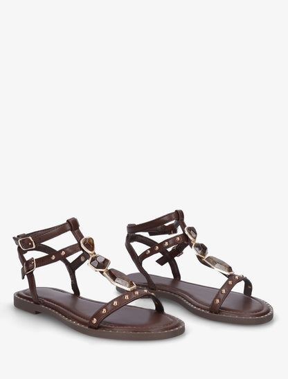 Nu-pieds en simili à empiècement pierres - Marron - 4