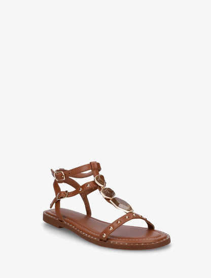 Nu-pieds en simili à empiècement pierres - Camel - 2