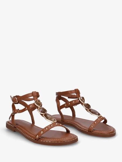 Nu-pieds en simili à empiècement pierres - Camel - 4